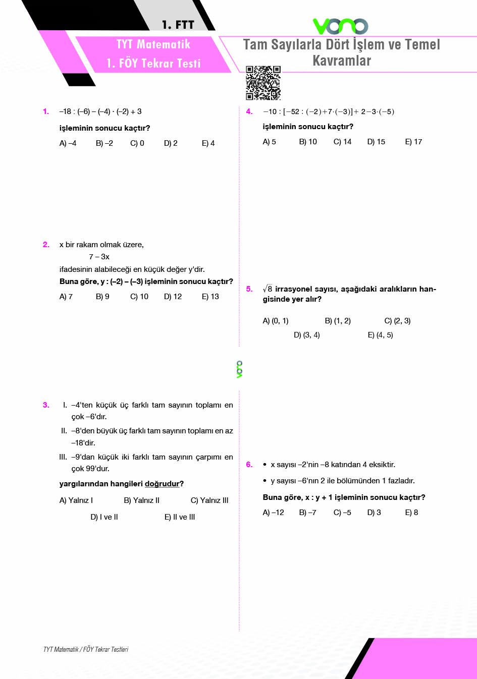 TYT Matematik Föy Tekrar Testleri
